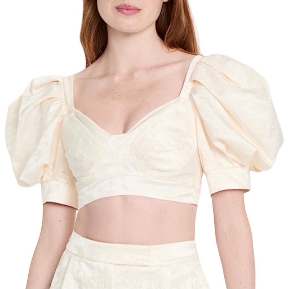 Simone Rocha bustier top in cream charmeuse with puff sleeves and floral design